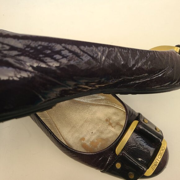 Jimmy Choo Dark Purple Patent Leather Ballet Flats EU 37.5 Gold Tone Buckle - Picture 8 of 16